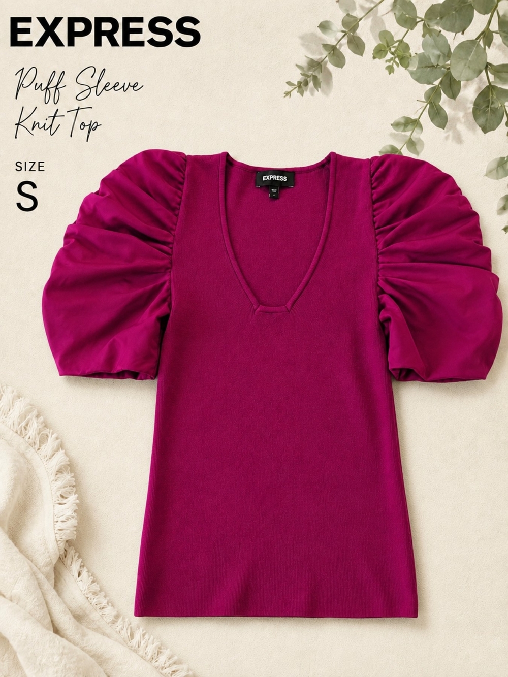 EUC Express Magenta Short Puff Sleeve V-Neck Knit Top – Size S